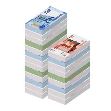 Rus Ruble Vektör İllüstrasyonu. Rusya 'nın parası tomar tomar banknotlar oluşturdu. Kağıt para 200, 500, 1000, 2000, 5000 rub. Düz stil. Beyaz arka planda izole edilmiş. Basit minimal tasarım.