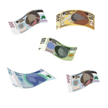 Polonya Zloty Vektör İllüstrasyonu. Polonya parası demet banknotlar hazırladı. Düşen, uçan para 50, 100, 200, 500 PLN. Düz stil. Beyaz arka planda izole edilmiş. Basit minimal tasarım.
