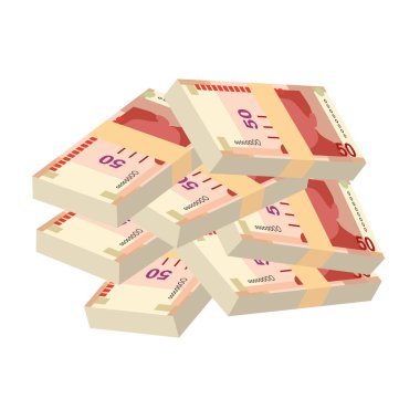 Peru Yeni Sol Vektör İllüstrasyonu. Peru parası demet banknotlar hazırladı. Kağıt para 50 PEN. Düz stil. Beyaz arka planda izole edilmiş. Basit minimal tasarım.