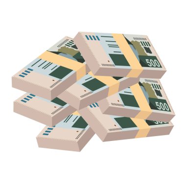 Pakistan Rupi Vektör İllüstrasyonu. Pakistan parası tomarla para ayarladı. Kağıt parası 500 PKR. Düz stil. Beyaz arka planda izole edilmiş. Basit minimal tasarım.