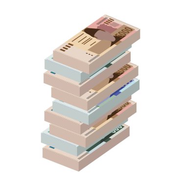 Pakistan Rupi Vektör İllüstrasyonu. Pakistan parası tomarla para ayarladı. Kağıt para 500, 1000, 5000 PKR. Düz stil. Beyaz arka planda izole edilmiş. Basit minimal tasarım.