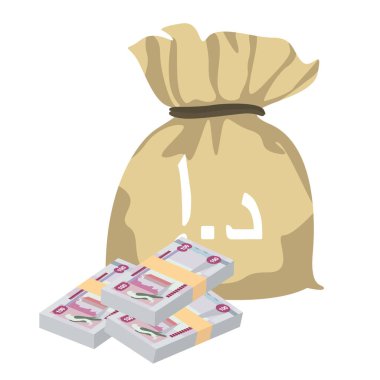BAE Dirham Vektör İllüstrasyonu. Birleşik Arap Emirlikleri 'nin parası tomarla para ayarladı. Para çantası 100 AED. Düz stil. Beyaz arka planda izole edilmiş. Basit minimal tasarım.