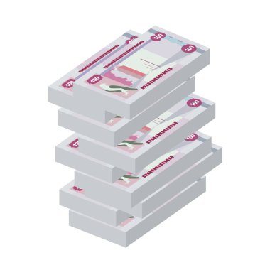 BAE Dirham Vektör İllüstrasyonu. Birleşik Arap Emirlikleri 'nin parası tomarla para ayarladı. Kağıt para 100 AED. Düz stil. Beyaz arka planda izole edilmiş. Basit minimal tasarım.
