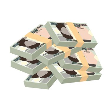 Nijerya Naira Vektör İllüstrasyonu. Nijerya parası tomarla para ayarladı. Kağıt para 200 NGN. Düz stil. Beyaz arka planda izole edilmiş. Basit minimal tasarım.