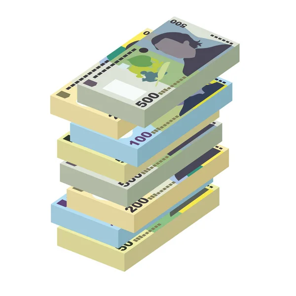 Illustrazione Del Vettore Rumeno Leu Romania Money Set Bundle Banknotes — Vettoriale Stock