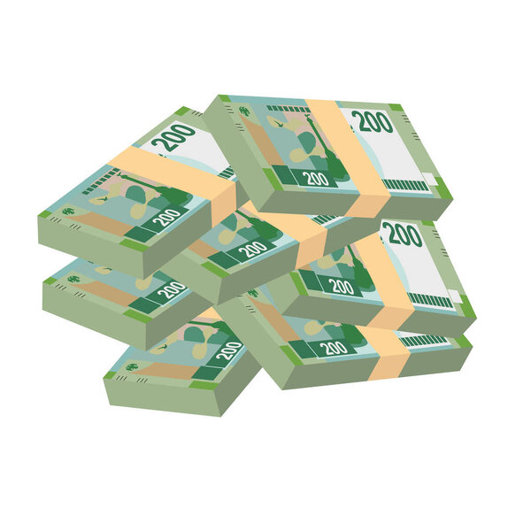Русский вектор. Российские деньги устанавливают связки банкнот. Бумажные деньги 200 руб. Плоский стиль. Изолированный на белом фоне. Простой минимальный дизайн.