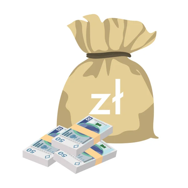 Ilustração Vetor Zloty Polonês Polónia Notas Pacote Dinheiro Conjunto Saco —  Vetores de Stock