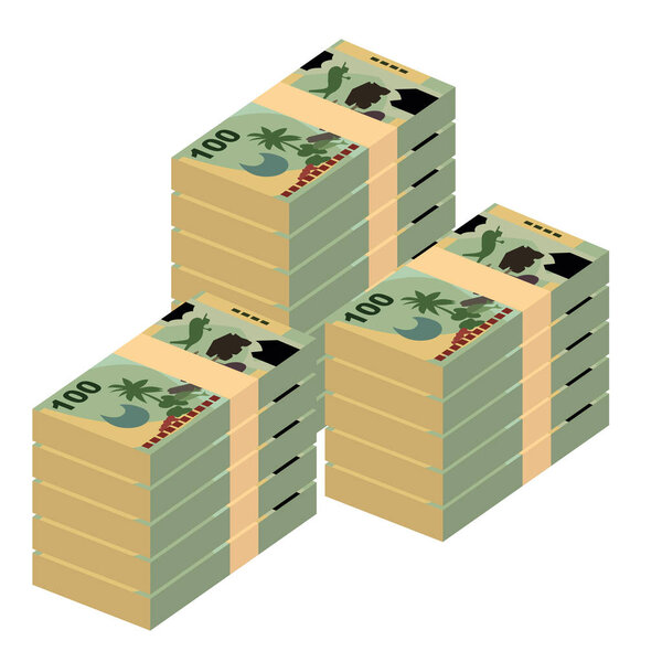Кина Векторная Иллюстрация. Деньги Папуа-Новой Гвинеи накладывают банкноты. Бумажные деньги 100 PGK. Плоский стиль. Изолированный на белом фоне. Простой минимальный дизайн.