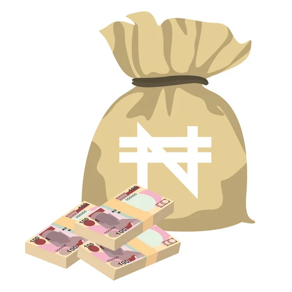 Illustrazione Vettoriale Nigeriana Naira Nigeria Denaro Insieme Banconote Bundle Sacco — Vettoriale Stock