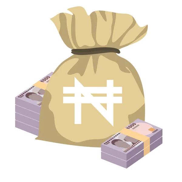 Nigerianische Naira Vector Illustration Nigeria Geld Set Bündel Banknoten Geldsack — Stockvektor