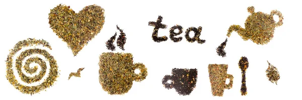 お茶の成分 茶葉から作られたオブジェクトのセット スパイラル ハート ティーカップ スプーン ケトル お茶という言葉 白に隔離された — ストック写真