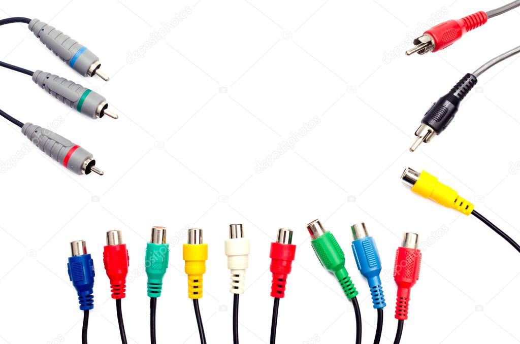 Different types of audio and video cables isolated on white background