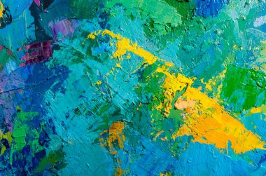 Tuval üzerinde soyut renkli yağlı boya tablo. Fırça ve palet bıçak darbeleriyle yağlı boya dokusu. Çok renkli duvar kâğıdı. Makro akrilik arka planı kapat. Modern sanat konsepti. Yatay Parça.