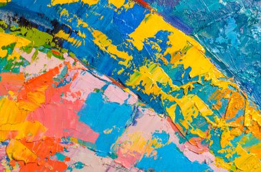 Tuval üzerinde soyut renkli yağlı boya tablo. Fırça ve palet bıçak darbeleriyle yağlı boya dokusu. Çok renkli duvar kâğıdı. Makro akrilik arka planı kapat. Modern sanat konsepti. Yatay Parça.