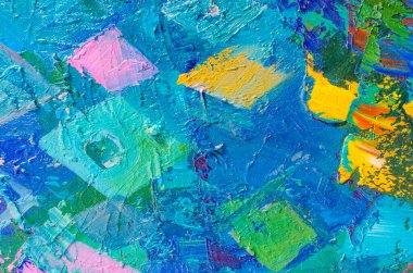 Tuval üzerinde soyut renkli yağlı boya tablo. Fırça ve palet bıçak darbeleriyle yağlı boya dokusu. Çok renkli duvar kâğıdı. Makro akrilik arka planı kapat. Modern sanat konsepti. Yatay Parça.