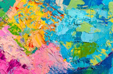 Tuval üzerinde soyut renkli yağlı boya tablo. Fırça ve palet bıçak darbeleriyle yağlı boya dokusu. Çok renkli duvar kâğıdı. Makro akrilik arka planı kapat. Modern sanat konsepti. Yatay Parça.