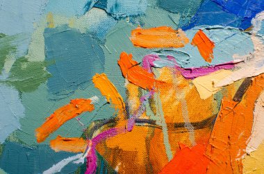 Tuval üzerinde soyut renkli yağlı boya tablo. Fırça ve palet bıçak darbeleriyle yağlı boya dokusu. Çok renkli duvar kâğıdı. Makro akrilik arka planı kapat. Modern sanat konsepti. Yatay Parça.