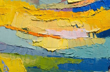 Tuval üzerinde soyut renkli yağlı boya tablo. Fırça ve palet bıçak darbeleriyle yağlı boya dokusu. Çok renkli duvar kâğıdı. Makro akrilik arka planı kapat. Modern sanat konsepti. Yatay Parça.