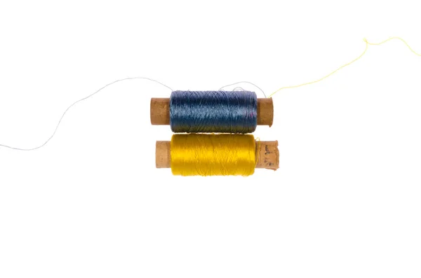 Yellow Blue Coils Threads White Background Items Embroidery — Stock Photo, Image