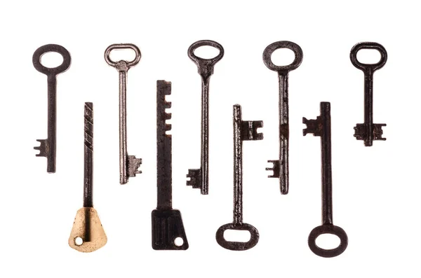 Régi Vintage Kulcsok Elszigetelt Fehér Háttérrel Többféle Régi Retro Kulcs — Stock Fotó