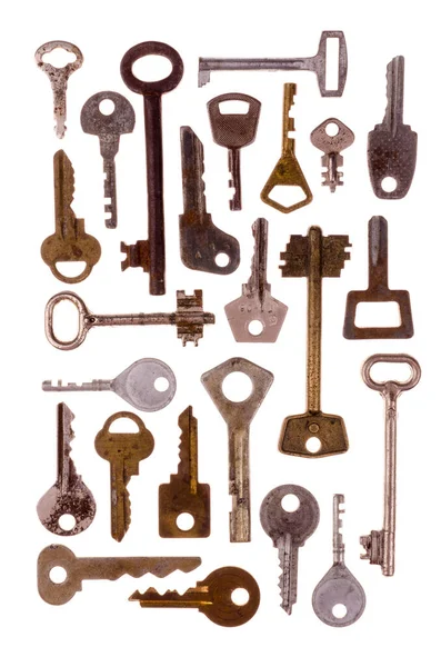 Old Vintage Keys Isolated White Background Several Types Old Retro — Stock Photo, Image