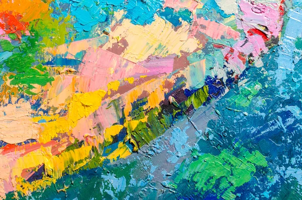 Tuval üzerinde soyut renkli yağlı boya tablo. Fırça ve palet bıçak darbeleriyle yağlı boya dokusu. Çok renkli duvar kâğıdı. Makro akrilik arka planı kapat. Modern sanat konsepti. Yatay Parça.