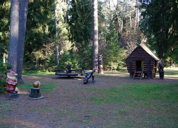 森林里有雕刻木雕像的儿童游乐场 — 图库照片