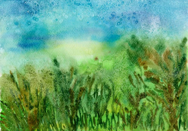Акварельный Фон Имитацией Травы Неба Цветной Акварель Переполняется Синим Желтым — стоковое фото