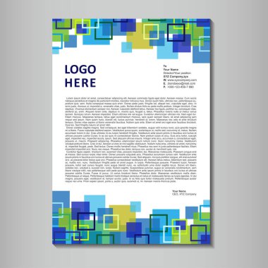 Renkli karelere sahip mektup başlığı tasarımı; A4 iş antetli yeşil ve mavi kareli tasarım; renkli karelere sahip bir antetli antetli iş şablonu