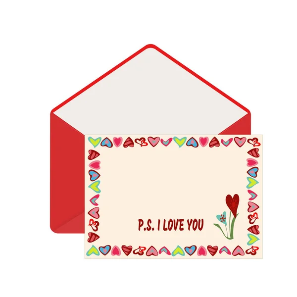 Letter in open red envelope on Valentines Day. Postcard with frame of hearts on yellow background with text P.S. I love you . — Stok Vektör