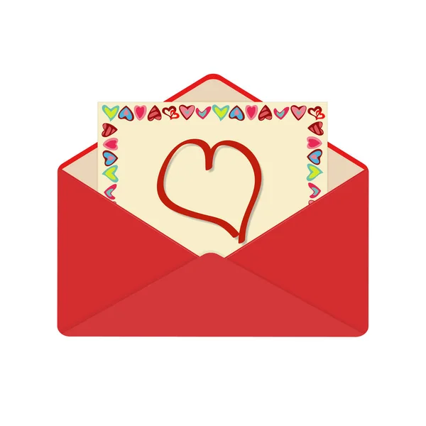Letter in open red envelope on Valentines Day. Postcard with frame of hearts on yellow background — Stockvektor