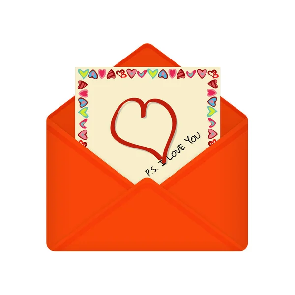Letter in open red envelope on Valentines Day. Postcard with frame of hearts on yellow background with text "P.S. I love you". — 图库矢量图片