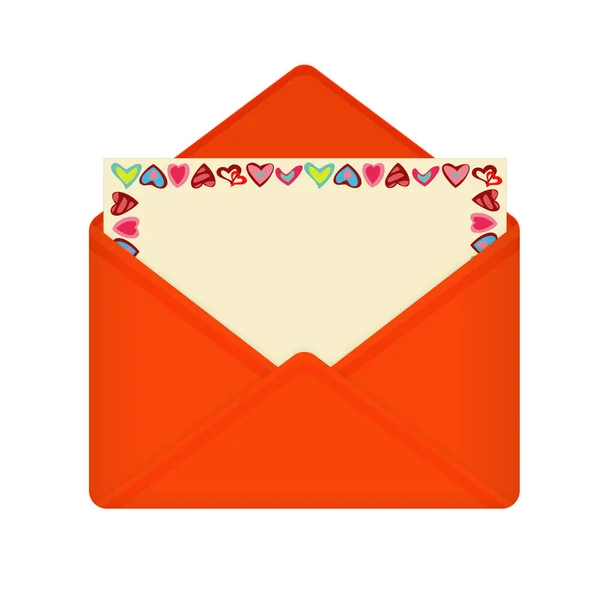 Letter in open red envelope on Valentines Day. Postcard with frame of hearts on yellow background. — 스톡 벡터