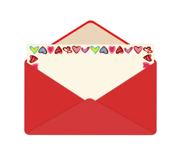 Carta em envelope vermelho aberto no Dia dos Namorados. Cartão postal com moldura de corações em fundo amarelo. —  Vetores de Stock