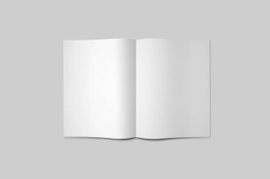 Boş boş çift katlı broşür, katlanmış kağıt. Gri bir arkaplanda izole edilmiş gibi yap. Katlanmış broşür, gazete. 3d oluşturma.