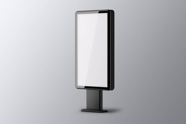Açık hava reklam afişi. Sokak lambası görüntüsü ya da reklam panosu. Gri bir arkaplanda izole bir şekilde duruyor. 3d oluşturma.