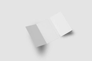 Boş boş broşür broşürü. Gri bir arkaplanda katlanmış ve açık bir şekilde. 3d oluşturma.