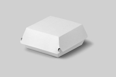 Paketlenmiş hamburgerli boş beyaz hamburger kutusu. Gri bir arka planda izole edilmiş gibi duruyor. 3d oluşturma.