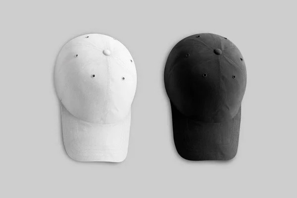 棒球帽有四种不同的鲜艳颜色 在灰色背景下被孤立的模子 准备好你的设计了3D渲染 — 图库照片