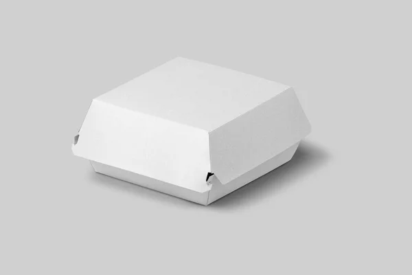 灰色の背景に隔離されたラップされたバーガーモックアップと空の空白の白いバーガーボックス 3Dレンダリング — ストック写真