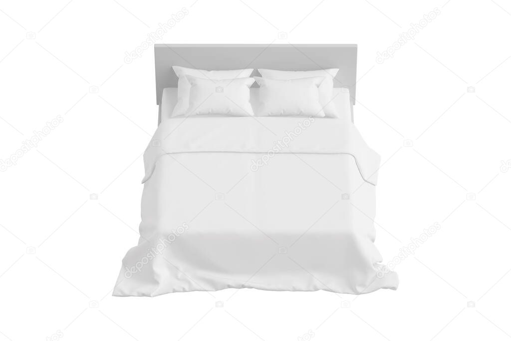 Empty blank Double bed with white bedding isolated in background. Mock up. 3d rendering.