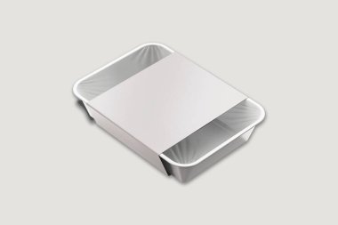 Gri arka planda izole edilmiş yemek tepsisi. Boş plastik yemek kabı. 3d oluşturma.