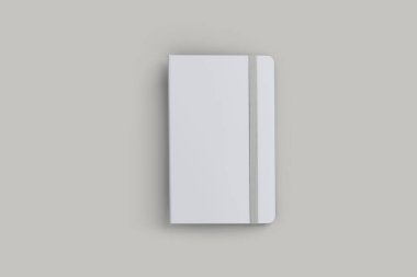 Boş beyaz not defteri ve spiral maketi gri bir arka planda izole edilmiş. Çizim kitabı maketi. 3d oluşturma.