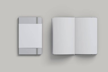 Boş beyaz not defteri ve spiral maketi gri bir arka planda izole edilmiş. Çizim kitabı maketi. 3d oluşturma.