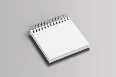 Boş beyaz not defteri ve spiral maketi gri bir arka planda izole edilmiş. Çizim kitabı maketi. 3d oluşturma.