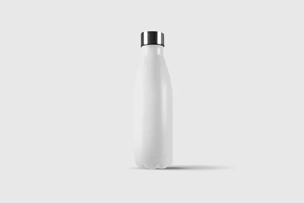 空の空白の金属再利用可能な水またはコーヒーまたはティーボトル灰色の背景に隔離されたモックアップ 廃棄物ゼロのコンセプト 3Dレンダリング — ストック写真
