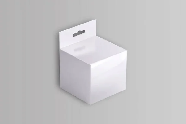 灰色の背景に隔離されたハングタブ付き空の空白の白いパッケージボックス ホワイト製品パッケージボックス付きハングスロット 3Dレンダリング — ストック写真