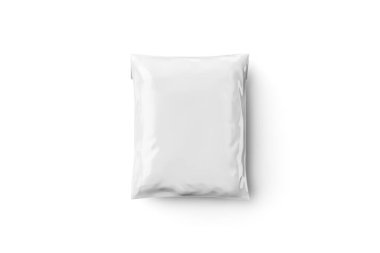 Gri arka planda izole edilmiş boş beyaz plastik paket. Plastik Torba Posta Paketi. Posta paketi. 3d oluşturma.
