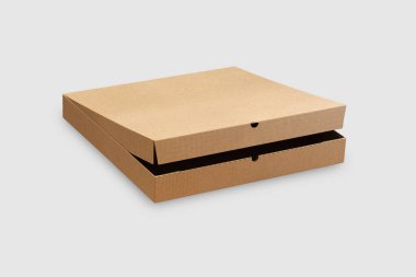Karton pizza kutusu gri bir arka planda izole edilmiş gibi duruyor. Sıfır atık. 3d oluşturma.