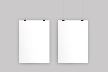 Gri bir arkaplanda boş boş posterler asmak. 3d oluşturma.